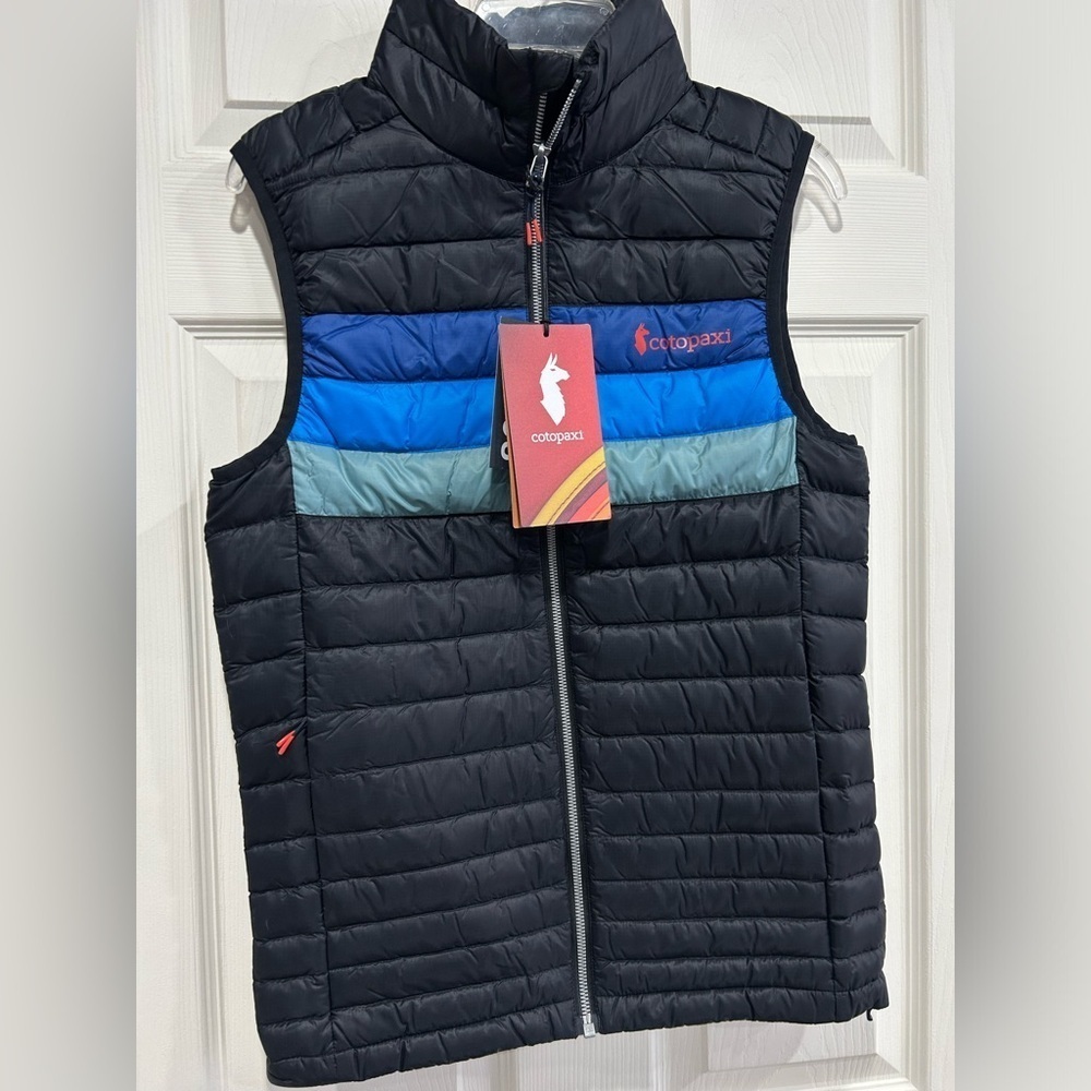 Cotopaxi Men's XS Fuego Down Vest Black Blue Pacific Stripes NWT Puffy Puff